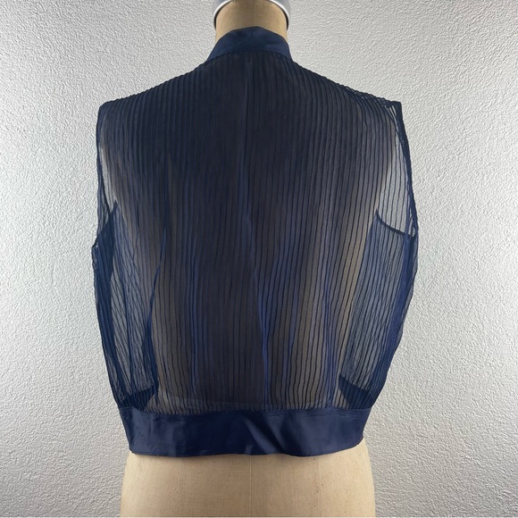 Vintage l 50s L Sheer Navy Blue Pintuck Necktie Bow Red Button Rockabilly Blouse - Picture 6 of 11